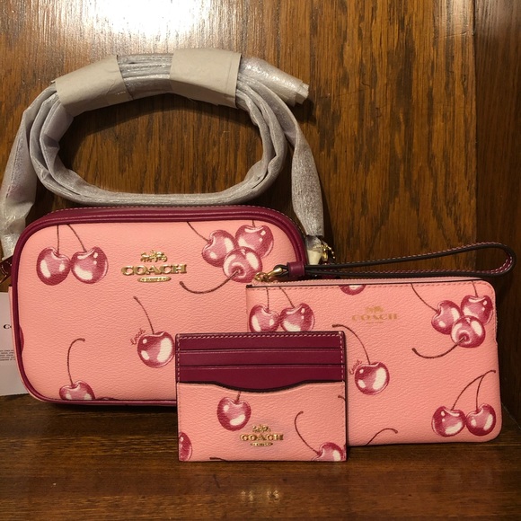 NWT-Coach-SET-Mini Jamie Camera Bag, Zip Wristlet & ID Case-Cherry🍒Print-$444 - Picture 1 of 16
